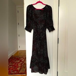 Ann Taylor Ruffle Hem Tie Waist Midi Dotted Dress